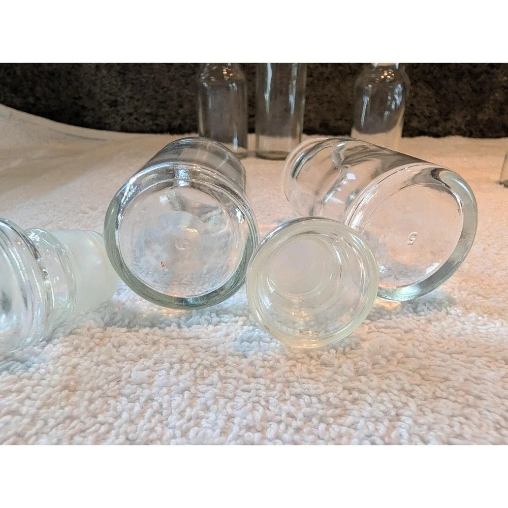 6 Vintage Clear Glass Apothecary Spice Jars/Bottles w/Stoppers Wagner Japan